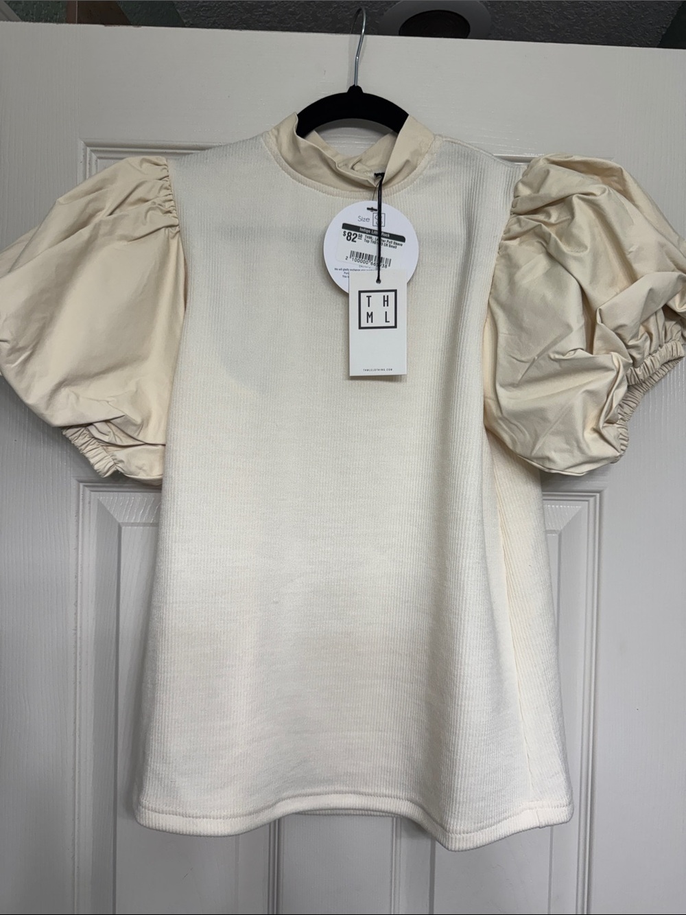 THML Cream Puff-Sleeve Knit Top - Ivory/Beige